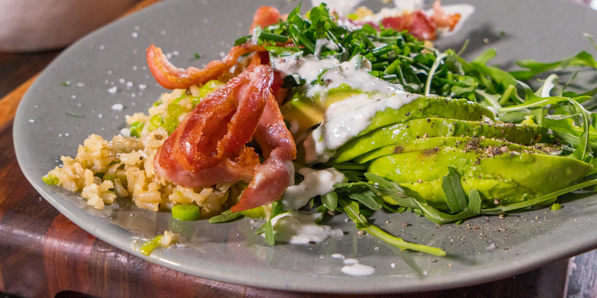 Streaky Bacon, Avo & Brown Rice Salad with Yoghurt & Herb Dressing