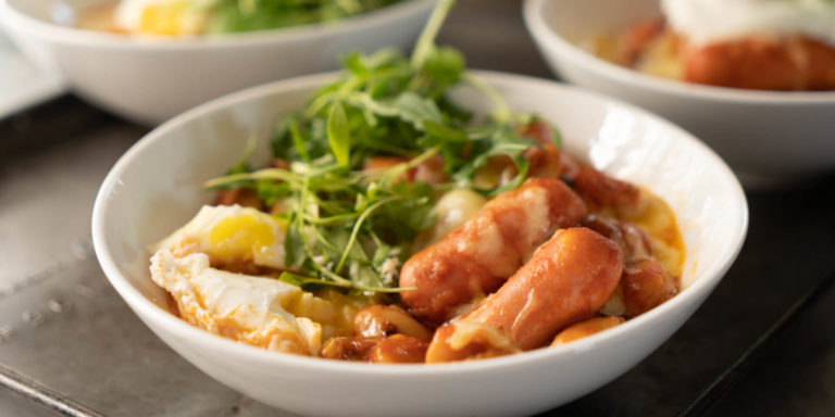 Saucy Bean Breakfast with Poached Eggs & Mini Viennas