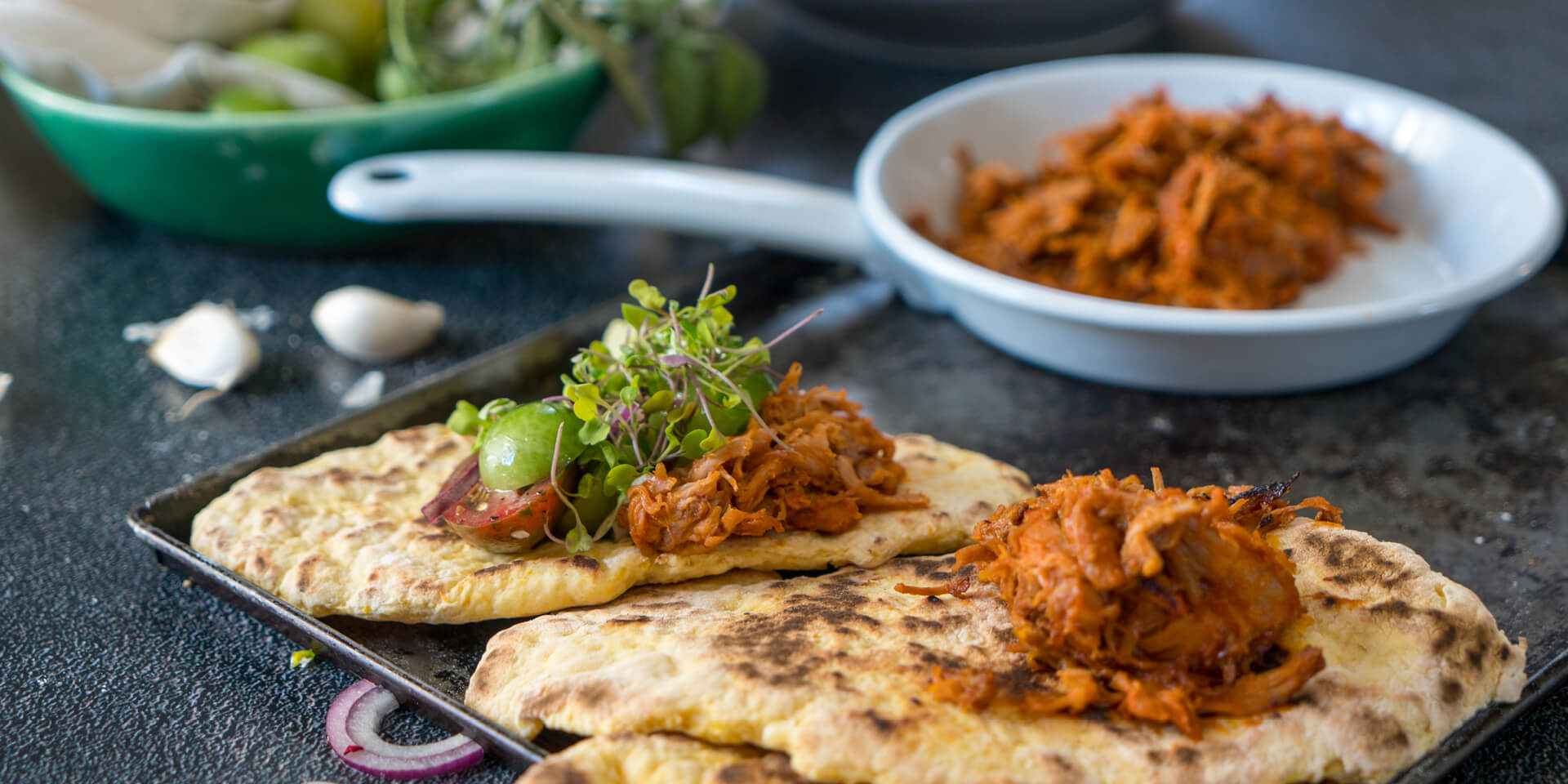 Spicy Corn Flatbread with Pulled Pork & Red Onion Salsa
