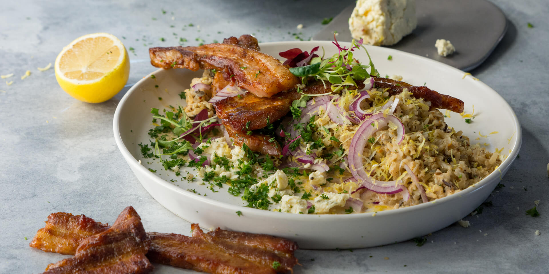 Crispy BBQ Rashers with Spicy Gorgonzola & Lemon Wild Rice