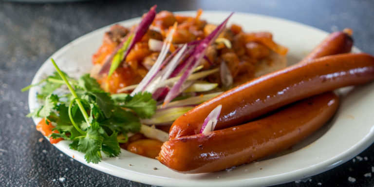 Spicy Beans on Ndombolo with American Chilli Cheese Hot Dogs