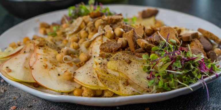 Spicy Chickpea, Pear & Ginger Biscuit Salad