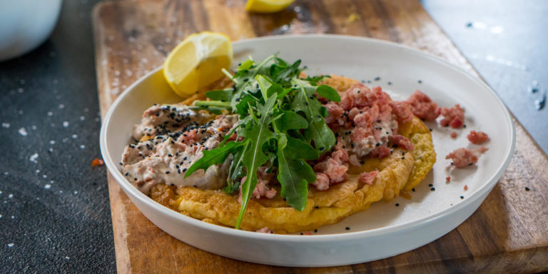Fluffy Omelettes with Minced Bacon & Sundried Tomato Yoghurt Dressing