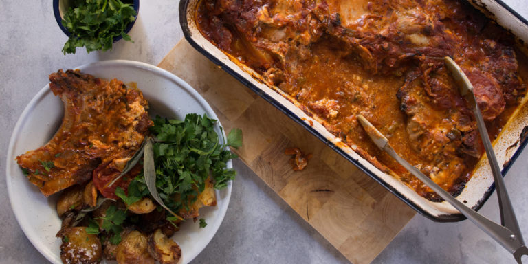 Baked Tomato Pork Chops with Crispy Garlic & Sage Baby Potatoes